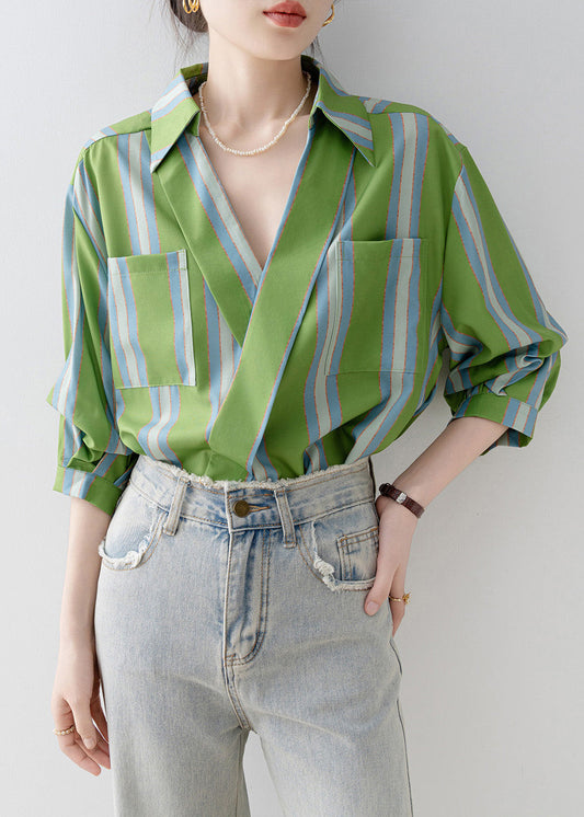 Beautiful Green Peter Pan Collar Striped Cotton Shirt Top Half Sleeve