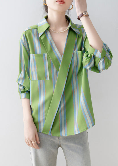 Beautiful Green Peter Pan Collar Striped Cotton Shirt Top Half Sleeve