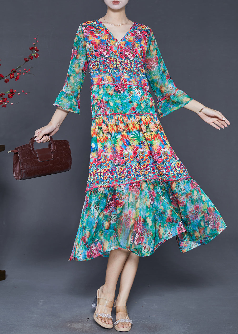 Beautiful Green Print Chiffon Tea Dresses Bracelet Sleeve