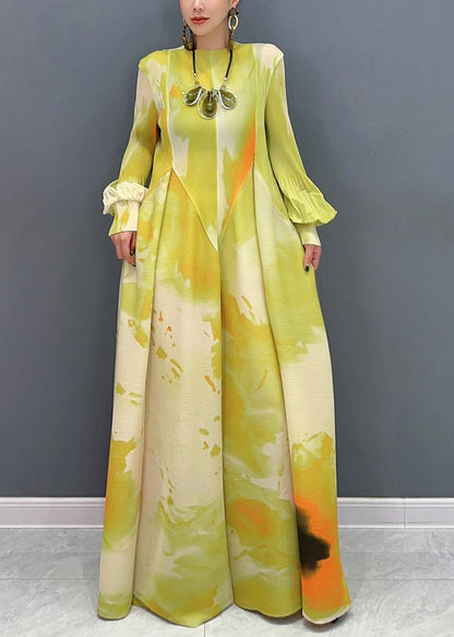 Beautiful Green Print Wrinkled Cotton Maxi Dresses Puff Sleeve