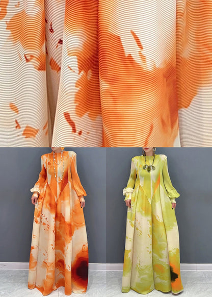 Beautiful Green Print Wrinkled Cotton Maxi Dresses Puff Sleeve