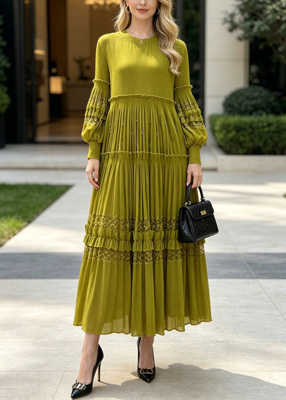 Beautiful Green Ruffled Patchwork Lace Holiday Dress Fall