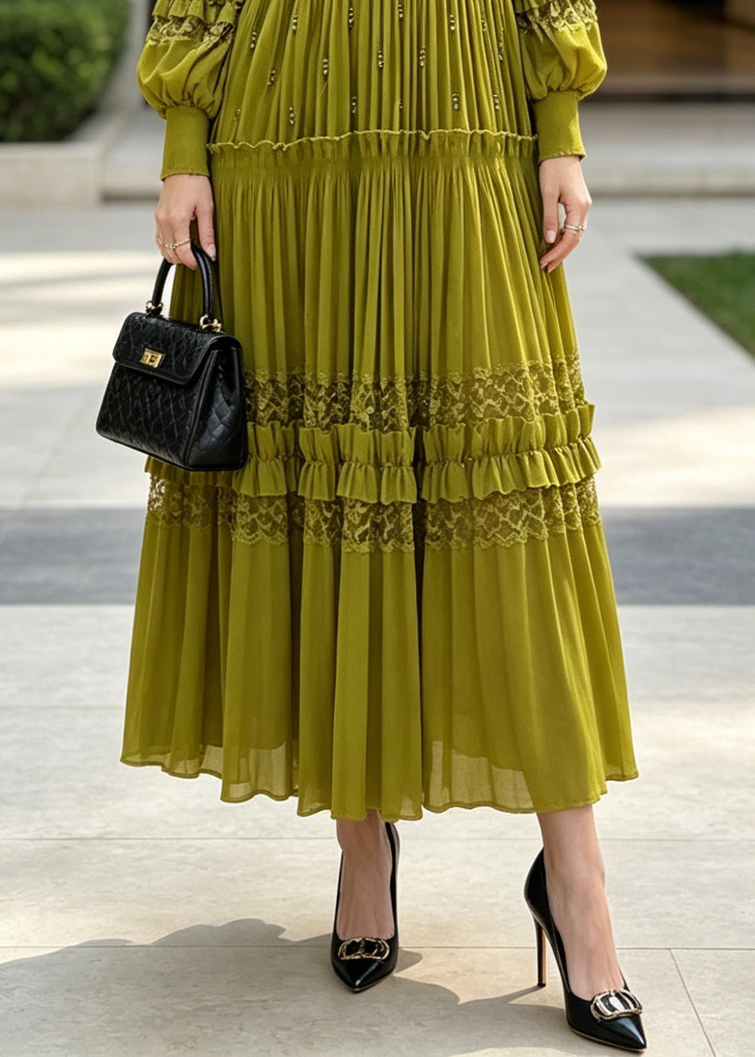 Beautiful Green Ruffled Patchwork Lace Holiday Dress Fall