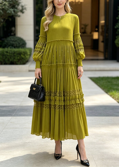 Beautiful Green Ruffled Patchwork Lace Holiday Dress Fall