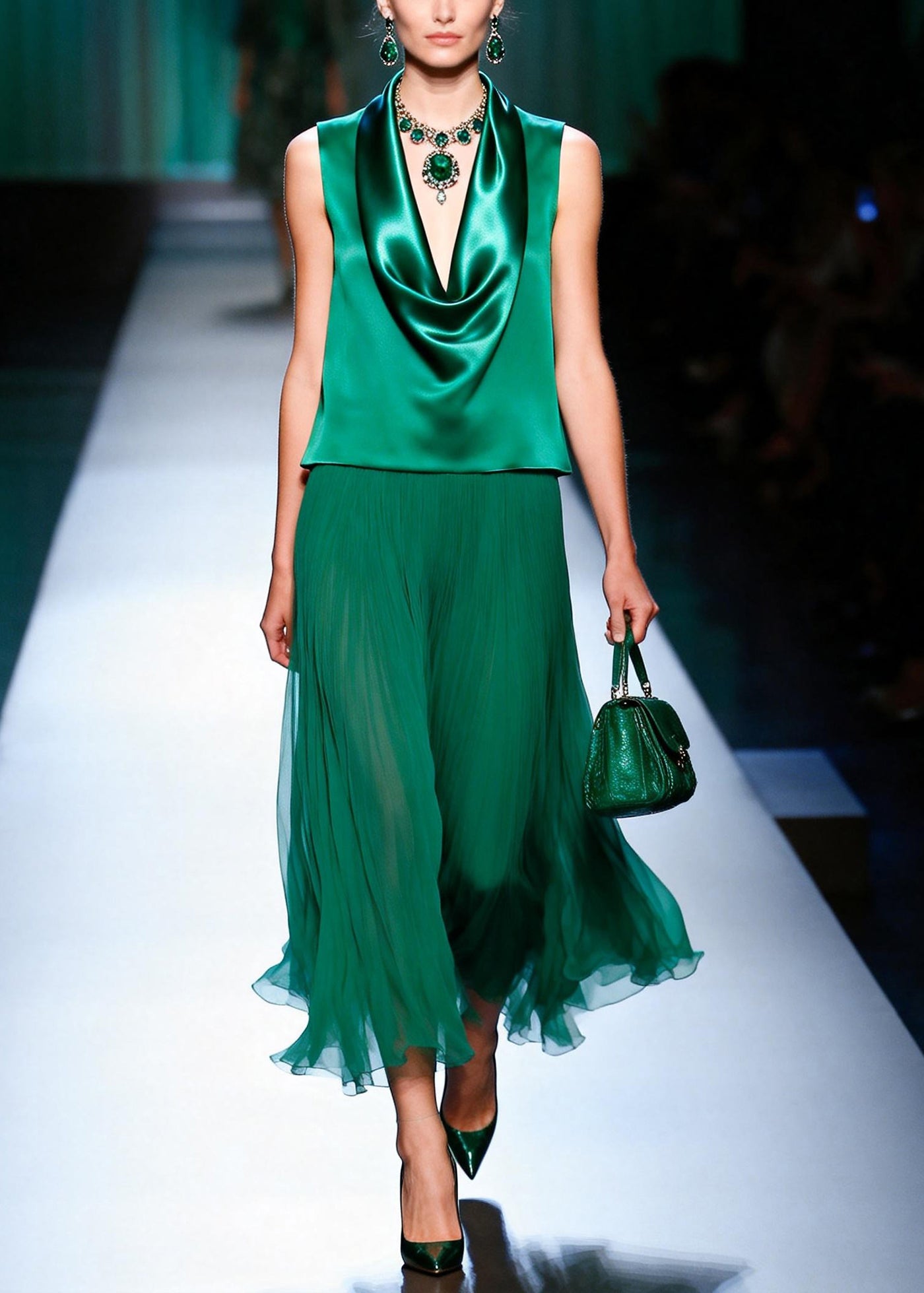 Beautiful Green Turtle Neck Patchwork Chiffon Fake Two Piece Dresses Sleeveless