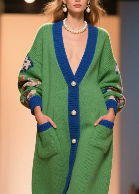 Beautiful Green V Neck Print Button Knit Loose Coat Winter