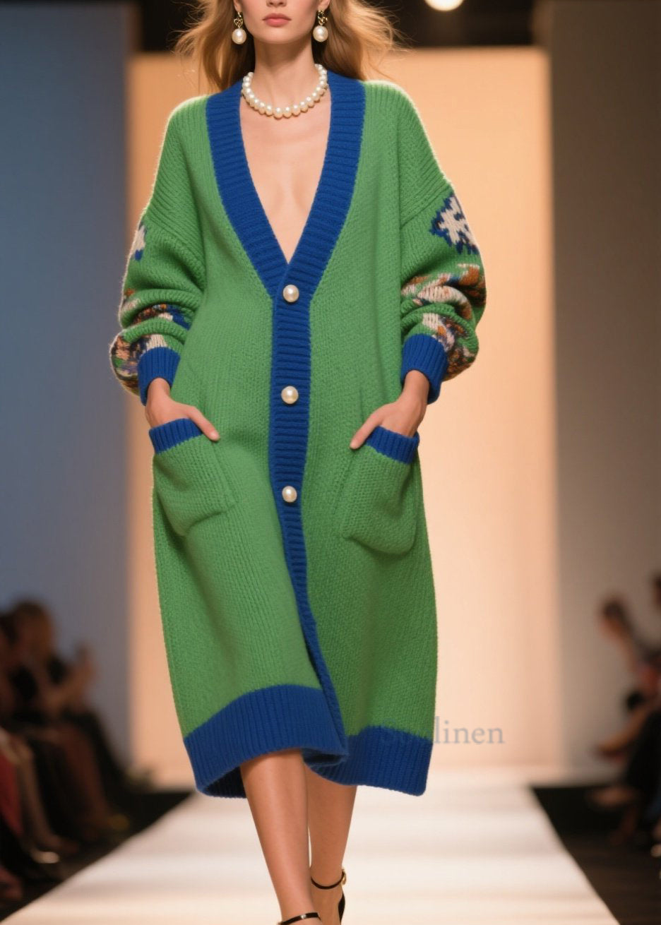 Beautiful Green V Neck Print Button Knit Loose Coat Winter