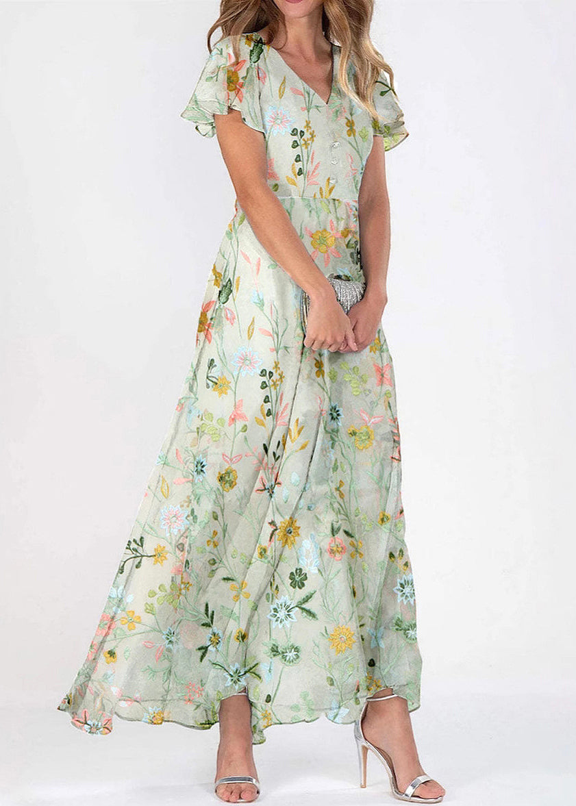 Beautiful Green V Neck Print Chiffon Long Dresses Summer