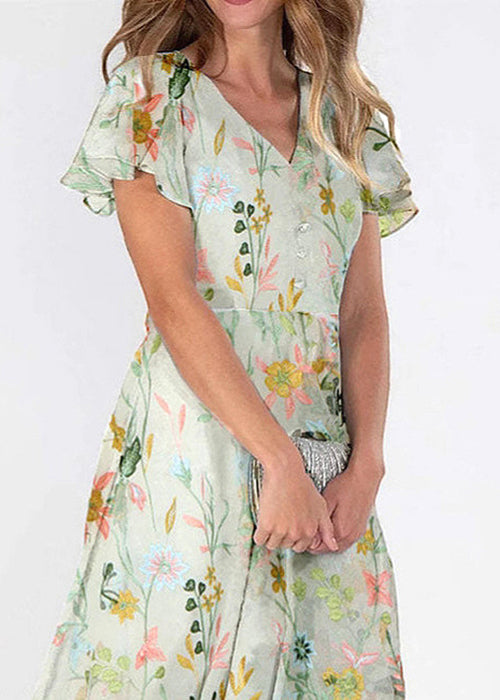 Beautiful Green V Neck Print Chiffon Long Dresses Summer