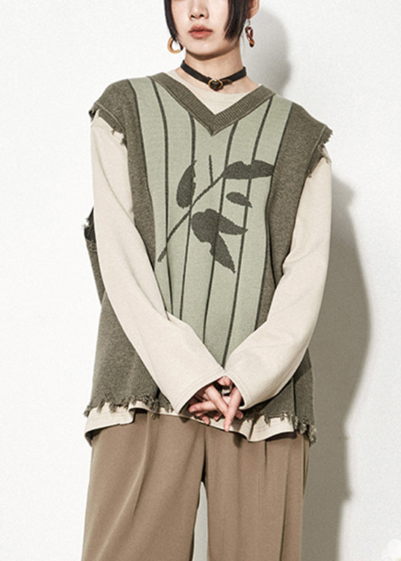 Beautiful Green V Neck Print Thick Knit Waistcoat Fall