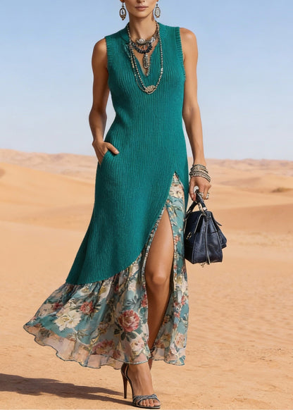 Beautiful Green V Neck Side Open Patchwork Knit Sweater Dress Sleeveless