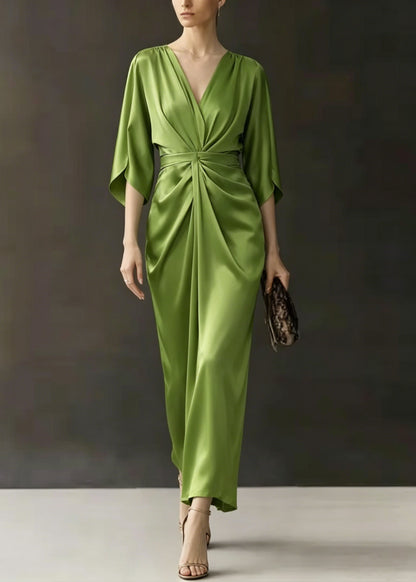Beautiful Green V Neck Wrinkled Silk Dress Batwing Sleeve