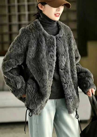 Beautiful Grey O-Neck Drawstring Faux Fur Integrated Jacket Winter