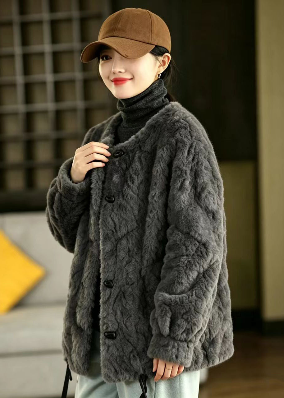 Beautiful Grey O-Neck Drawstring Faux Fur Integrated Jacket Winter