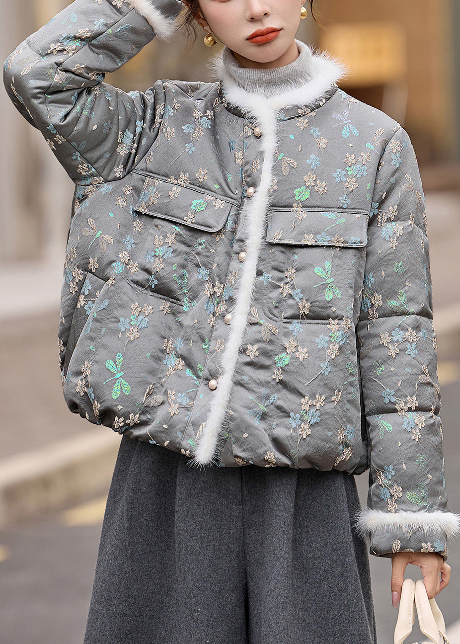 Beautiful Grey O Neck Jacquard Duck Down Winter Coats