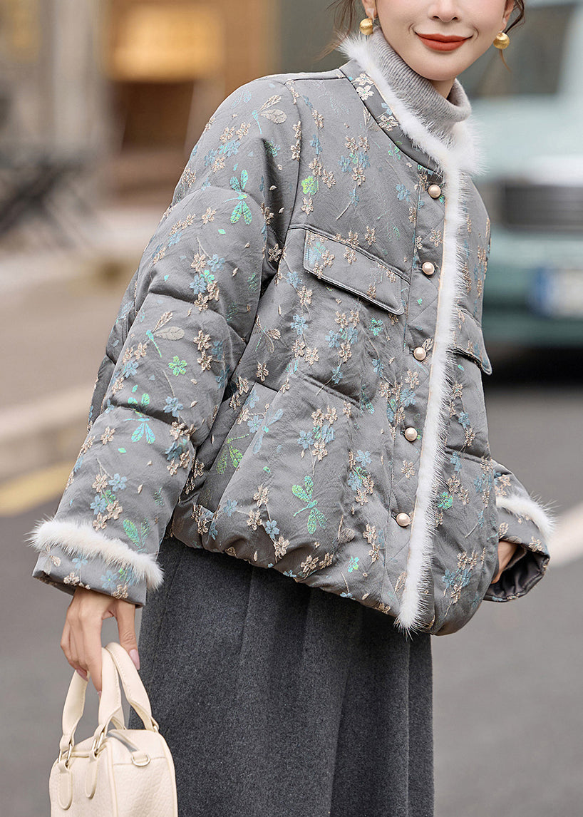 Beautiful Grey O Neck Jacquard Duck Down Winter Coats