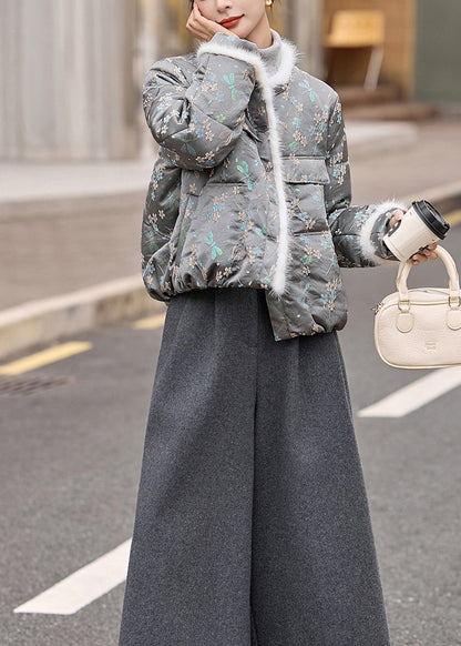 Beautiful Grey O Neck Jacquard Duck Down Winter Coats