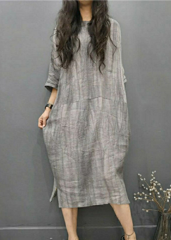 Beautiful Green text O-Neck Wrinkled Side Open Linen Long Dress Batwing Sleeve