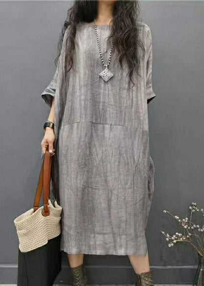 Beautiful Green text O-Neck Wrinkled Side Open Linen Long Dress Batwing Sleeve