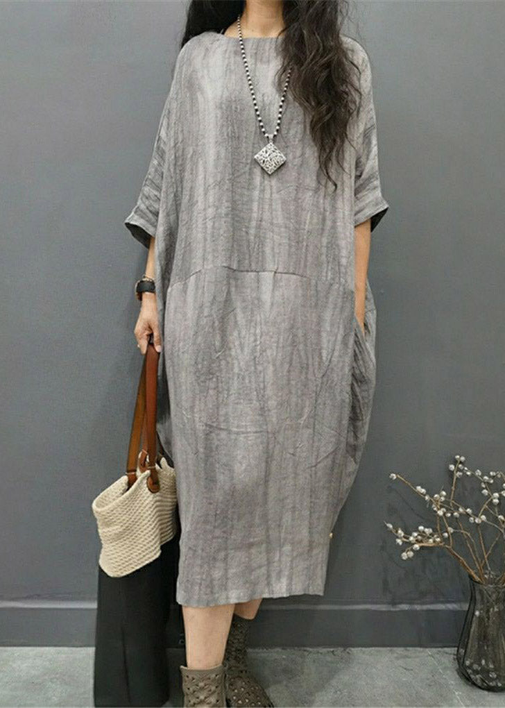 Beautiful Green text O-Neck Wrinkled Side Open Linen Long Dress Batwing Sleeve