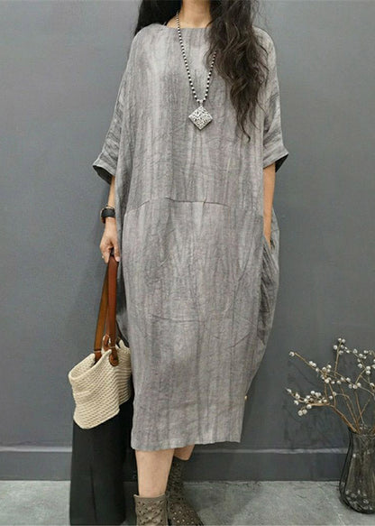 Beautiful Green text O-Neck Wrinkled Side Open Linen Long Dress Batwing Sleeve