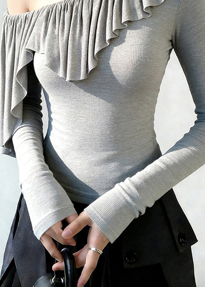 Beautiful Grey One Shoulder Ruffles Cotton Tops Spring
