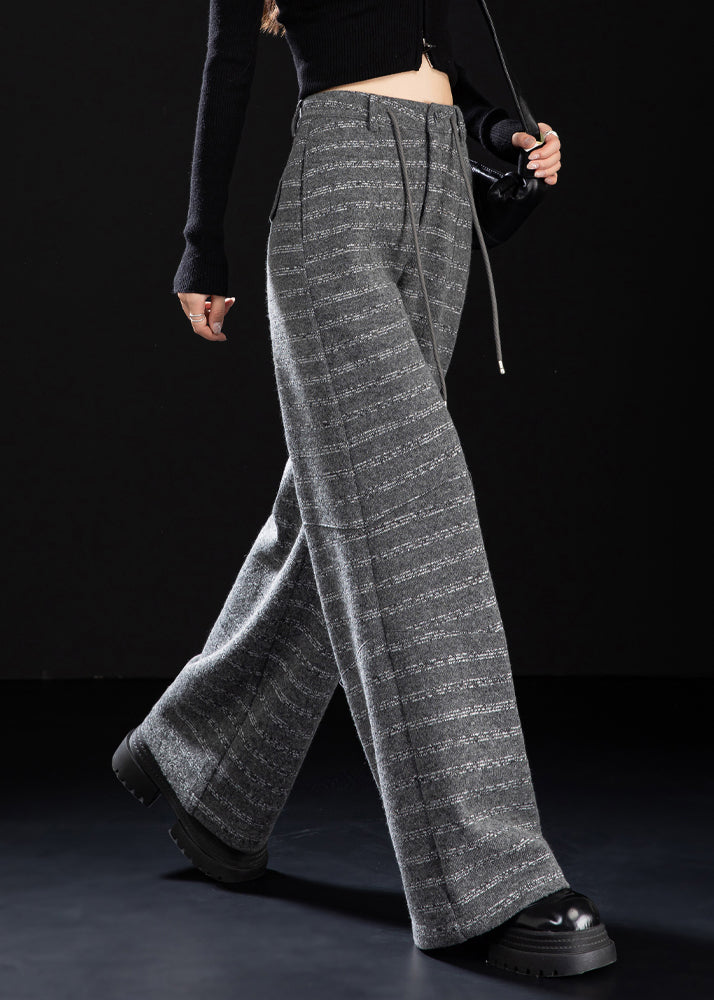 Beautiful Grey Pockets Striped Woolen Wide Leg Pants Winter