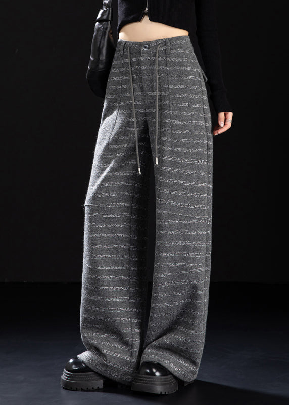 Beautiful Grey Pockets Striped Woolen Wide Leg Pants Winter