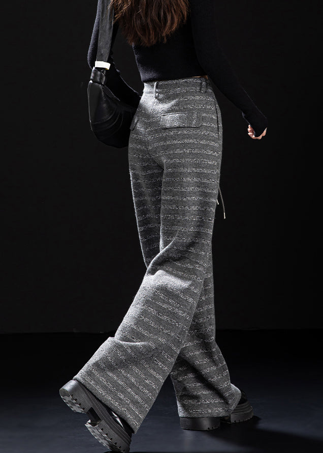 Beautiful Grey Pockets Striped Woolen Wide Leg Pants Winter