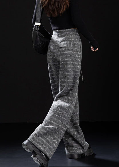 Beautiful Grey Pockets Striped Woolen Wide Leg Pants Winter