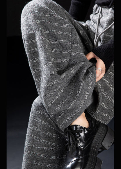 Beautiful Grey Pockets Striped Woolen Wide Leg Pants Winter