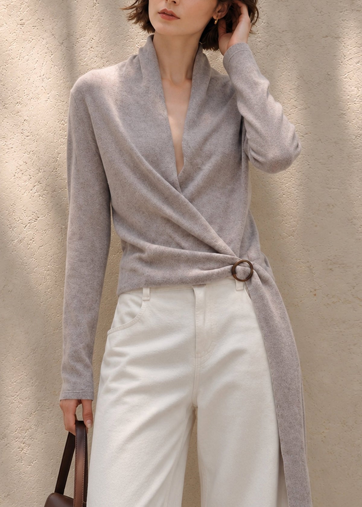 Beautiful Grey Purple Wrap Cross V Neck Sash Knit Sweater Fall