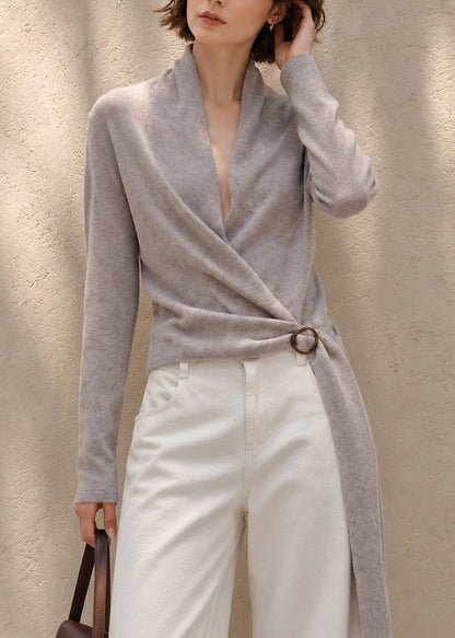 Beautiful Grey Purple Wrap Cross V Neck Sash Knit Sweater Fall