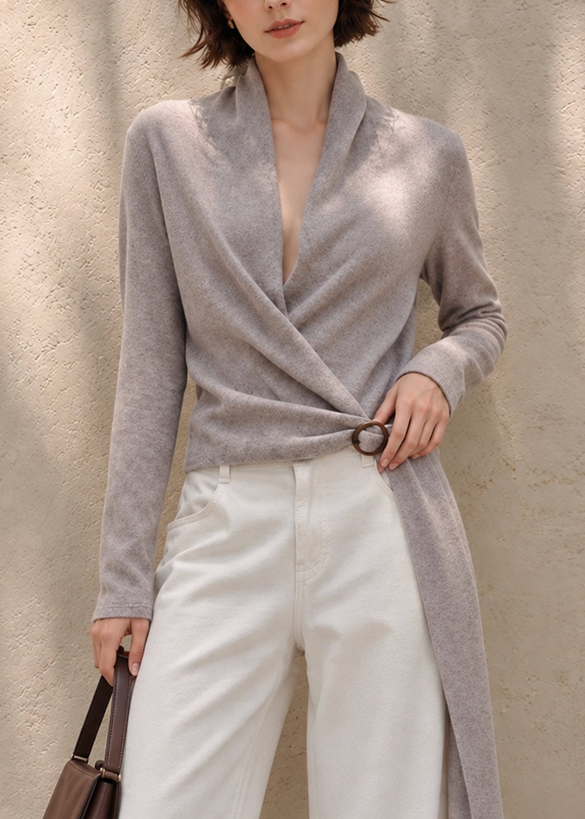 Beautiful Grey Purple Wrap Cross V Neck Sash Knit Sweater Fall