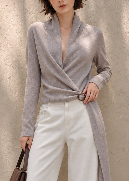 Beautiful Grey Purple Wrap Cross V Neck Sash Knit Sweater Fall