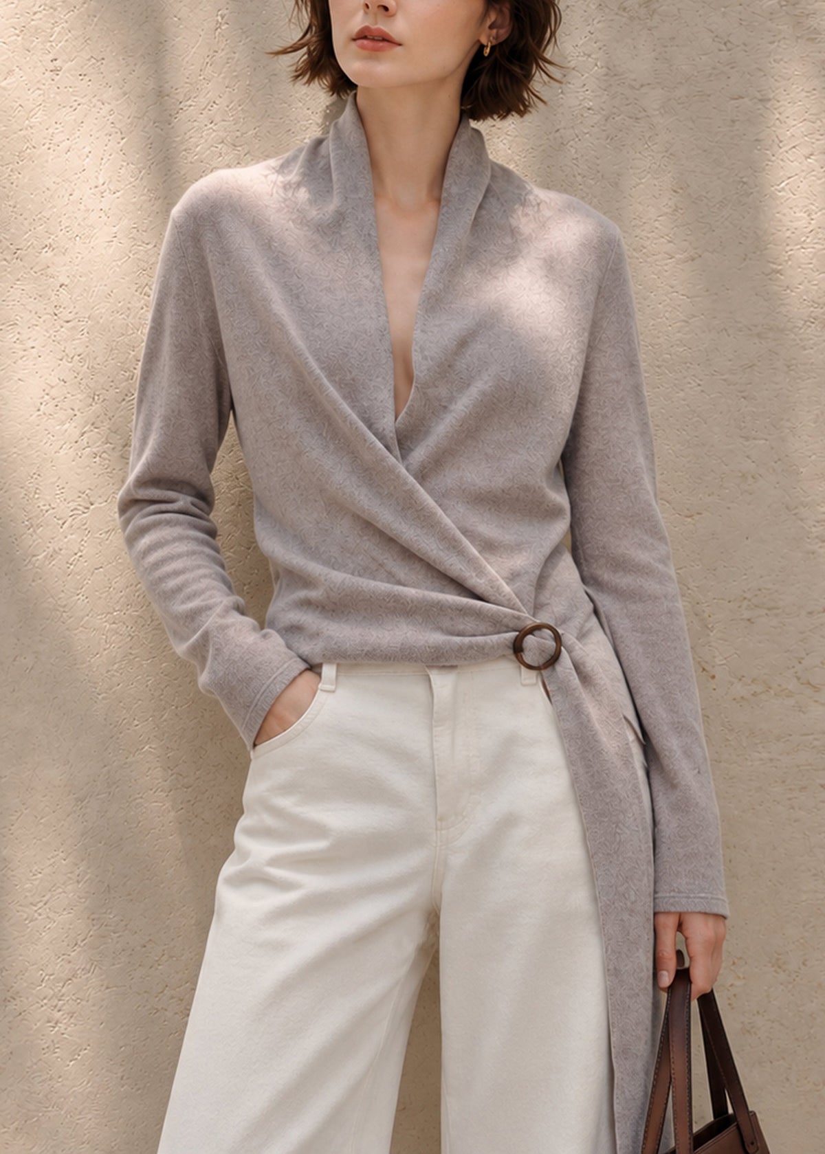 Beautiful Grey Purple Wrap Cross V Neck Sash Knit Sweater Fall