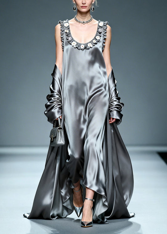 Beautiful Grey Ruffled Floral Silk Vacation Dresses Summer