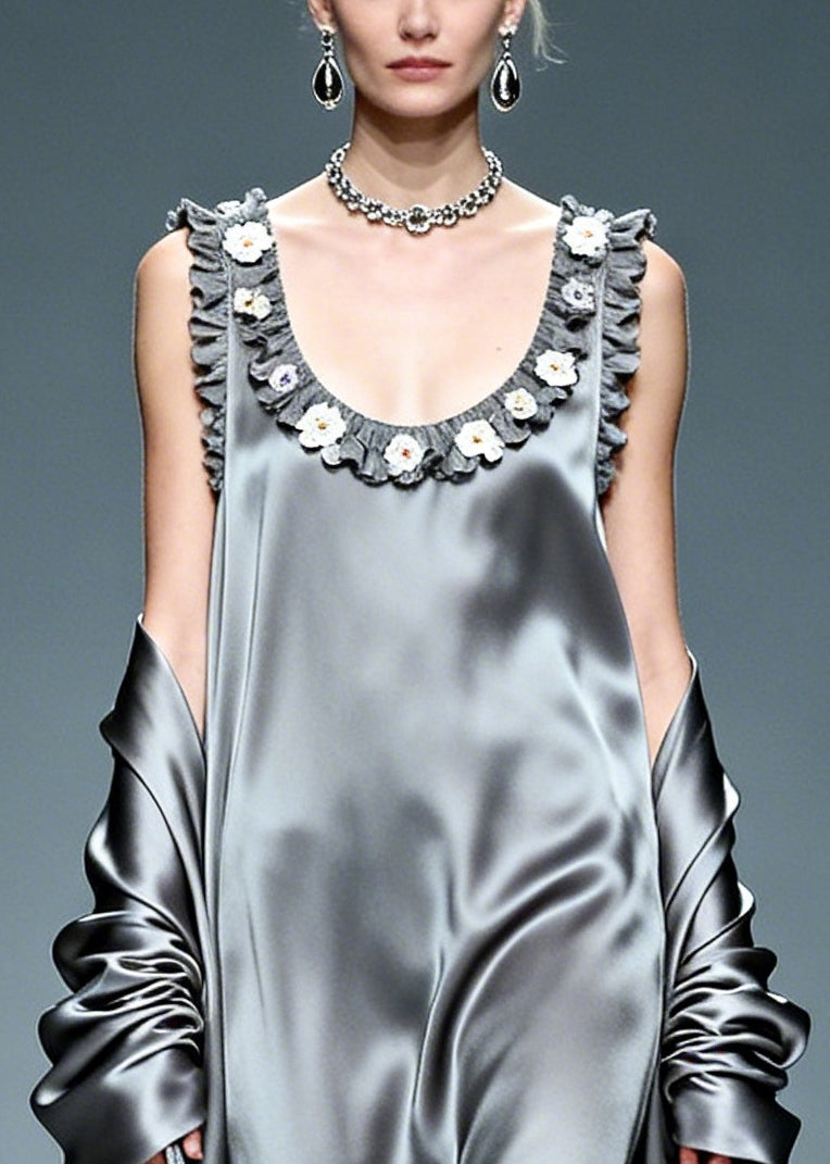 Beautiful Grey Ruffled Floral Silk Vacation Dresses Summer
