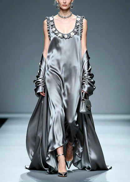 Beautiful Grey Ruffled Floral Silk Vacation Dresses Summer