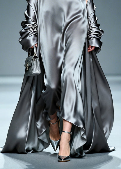 Beautiful Grey Ruffled Floral Silk Vacation Dresses Summer