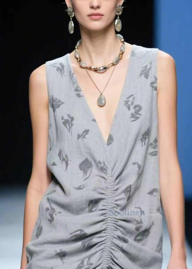 Beautiful Grey Wrinkled Side Open Cotton Tea Dress Summer