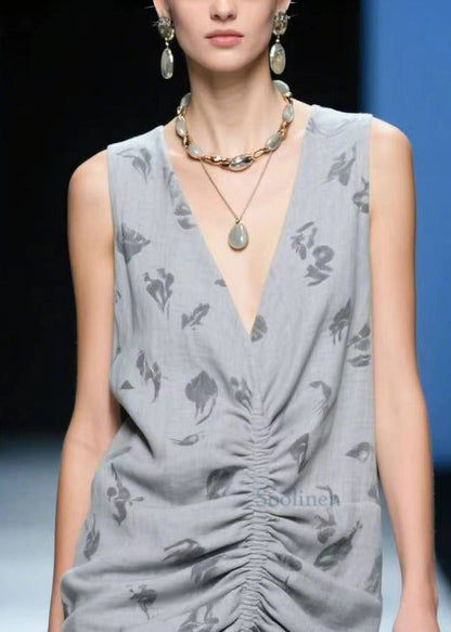 Beautiful Grey Wrinkled Side Open Cotton Tea Dress Summer