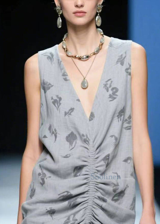 Beautiful Grey Wrinkled Side Open Cotton Tea Dress Summer