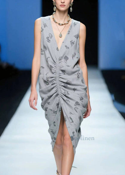 Beautiful Grey Wrinkled Side Open Cotton Tea Dress Summer