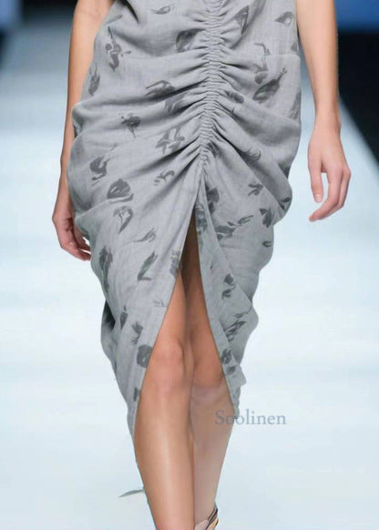 Beautiful Grey Wrinkled Side Open Cotton Tea Dress Summer