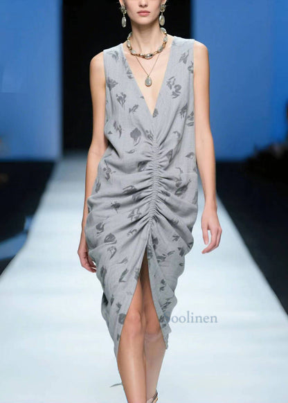 Beautiful Grey Wrinkled Side Open Cotton Tea Dress Summer