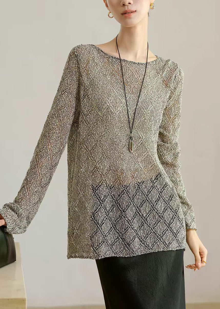 Beautiful Heather Grey Diamond Cut Out Blouse Top Long Sleeve