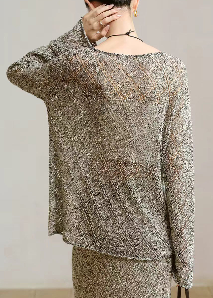 Beautiful Heather Grey Diamond Cut Out Blouse Top Long Sleeve
