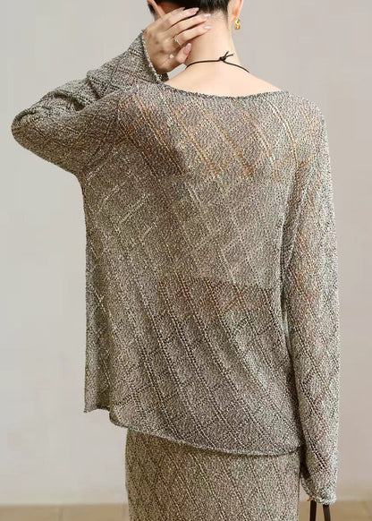 Beautiful Heather Grey Diamond Cut Out Blouse Top Long Sleeve