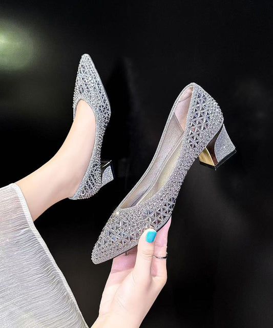 Beautiful Hollow Out Chunky High Heels Silvery Faux Leather